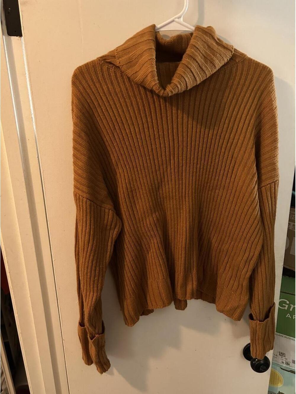 Mustard Brown ribbed knit cowl neck sweater with thumb hole sleeves size XL